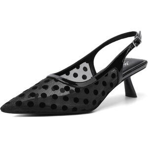 Mostrin Kitten HeelBlack Polka Dot Low Slingback Heels with Buckle Dress Shoes